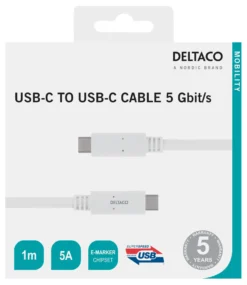 USB-C-kabel Deltaco vit, 1 m, 5 Gbit/s, 5 A