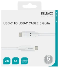 USB-C-kabel Deltaco vit, 2 m, 5 Gbit/s, 5 A