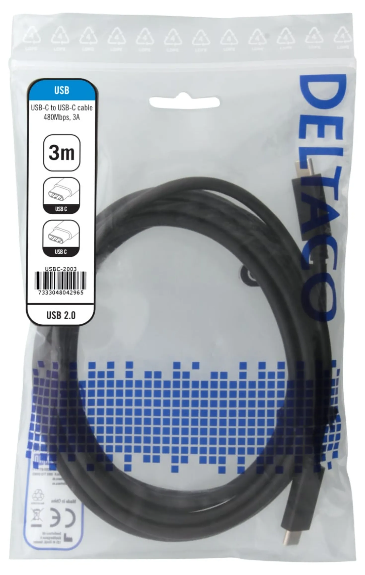 USB-C Laddningskabel Deltaco USB 2.0, 3A, 3m, svart