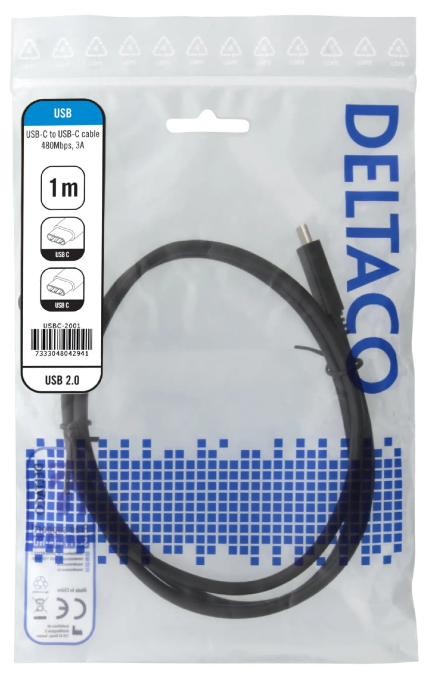 USB-C Laddningskabel Deltaco USB 2.0, 3A, 1m, svart