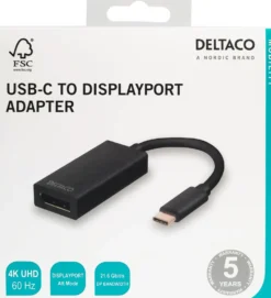 USB-C till DisplayPort-adapter Deltaco, 4K 60Hz, svart
