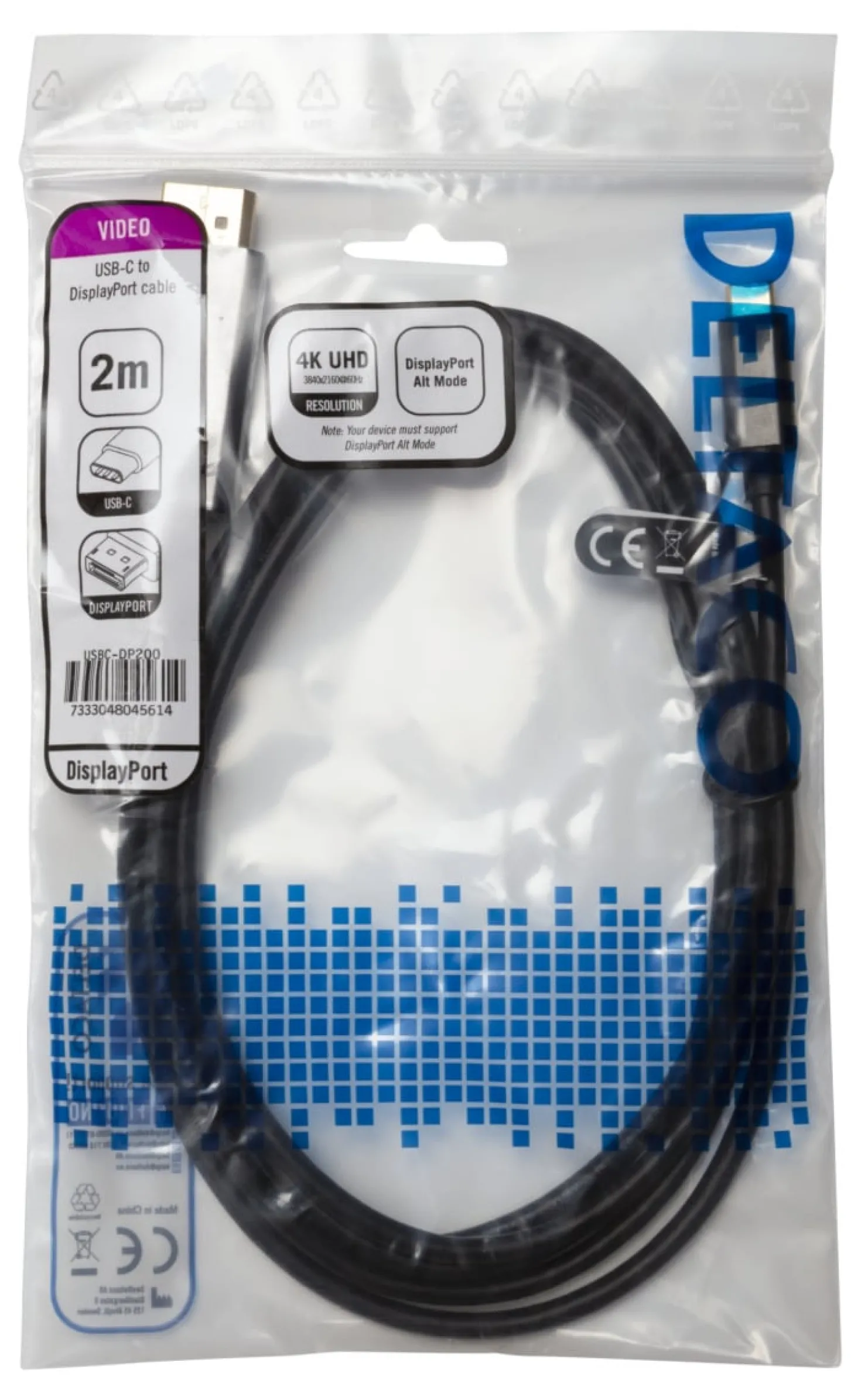 USB-C till DisplayPort-kabel Deltaco, 2m, 4K 60Hz, svart