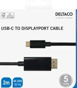 USB-C till DisplayPort-kabel Deltaco 4K UHD 60Hz, 2m, svart