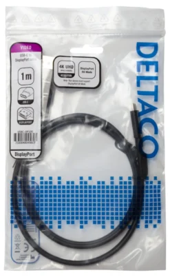 USB-C till DisplayPort-kabel Deltaco, 4K 60Hz, 1m, svart