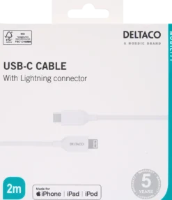 USB-C till Lightning-kabel Deltaco, MFi-certifierad, vit, 2 m
