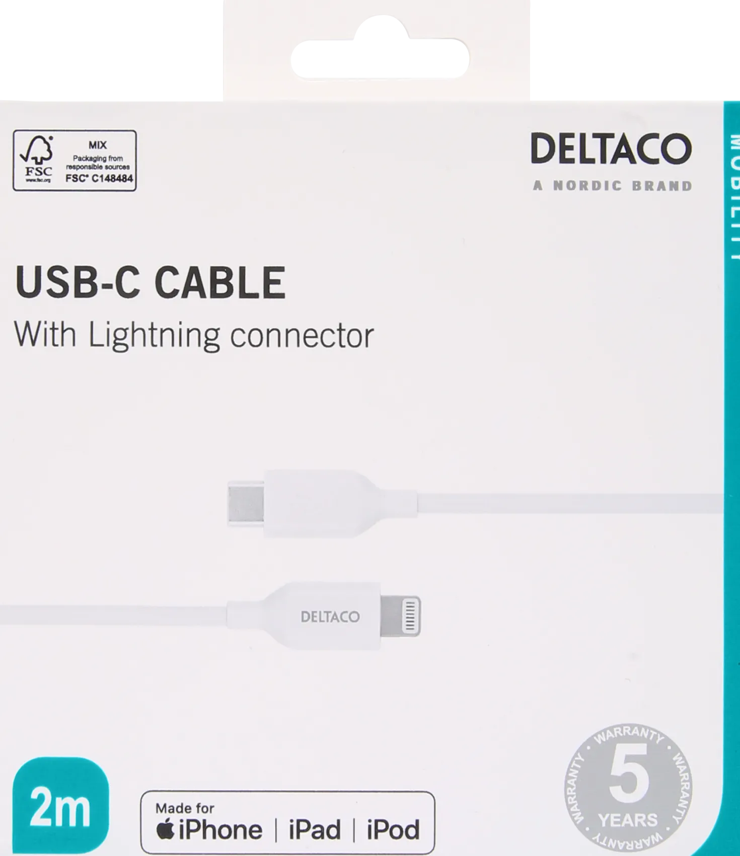 USB-C till Lightning-kabel Deltaco, MFi-certifierad, vit, 2 m