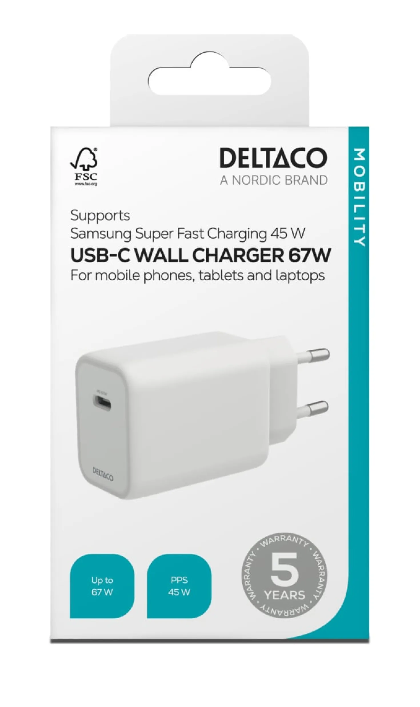 USB-C Väggladdare Deltaco GaN 67W PPS, vit