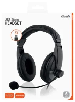 USB-headset Deltaco Stereo, 40 mm drivrutiner, svart