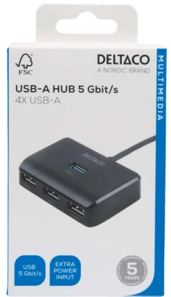 USB-hubb Deltaco 4 portar, 5 Gbps, svart