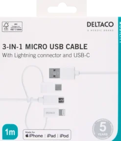 USB-kabel Deltaco 3-i-1 USB-C Micro USB Lightning, 1 m