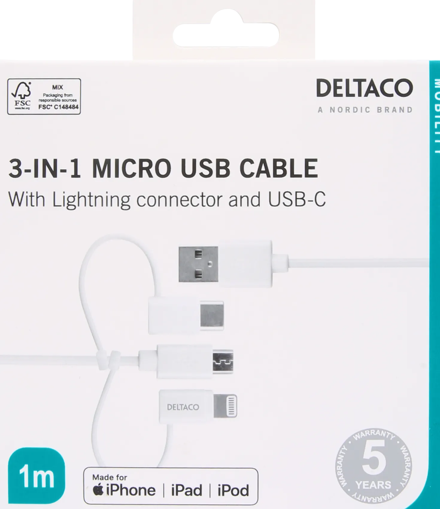 USB-kabel Deltaco 3-i-1 USB-C Micro USB Lightning, 1 m
