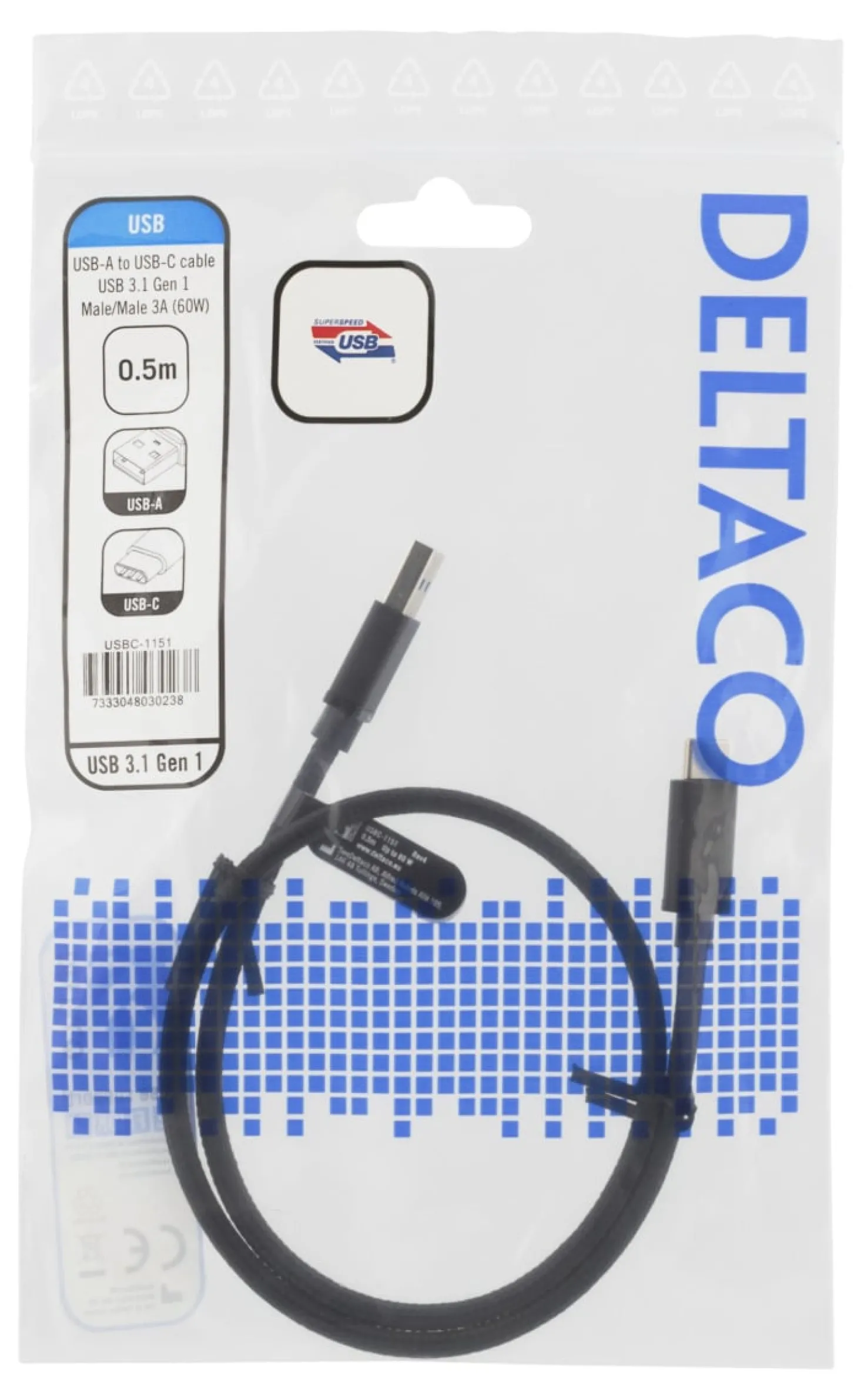 USB-kabel Deltaco USB-A till USB-C, flätad, 0.5m, 60W, svart