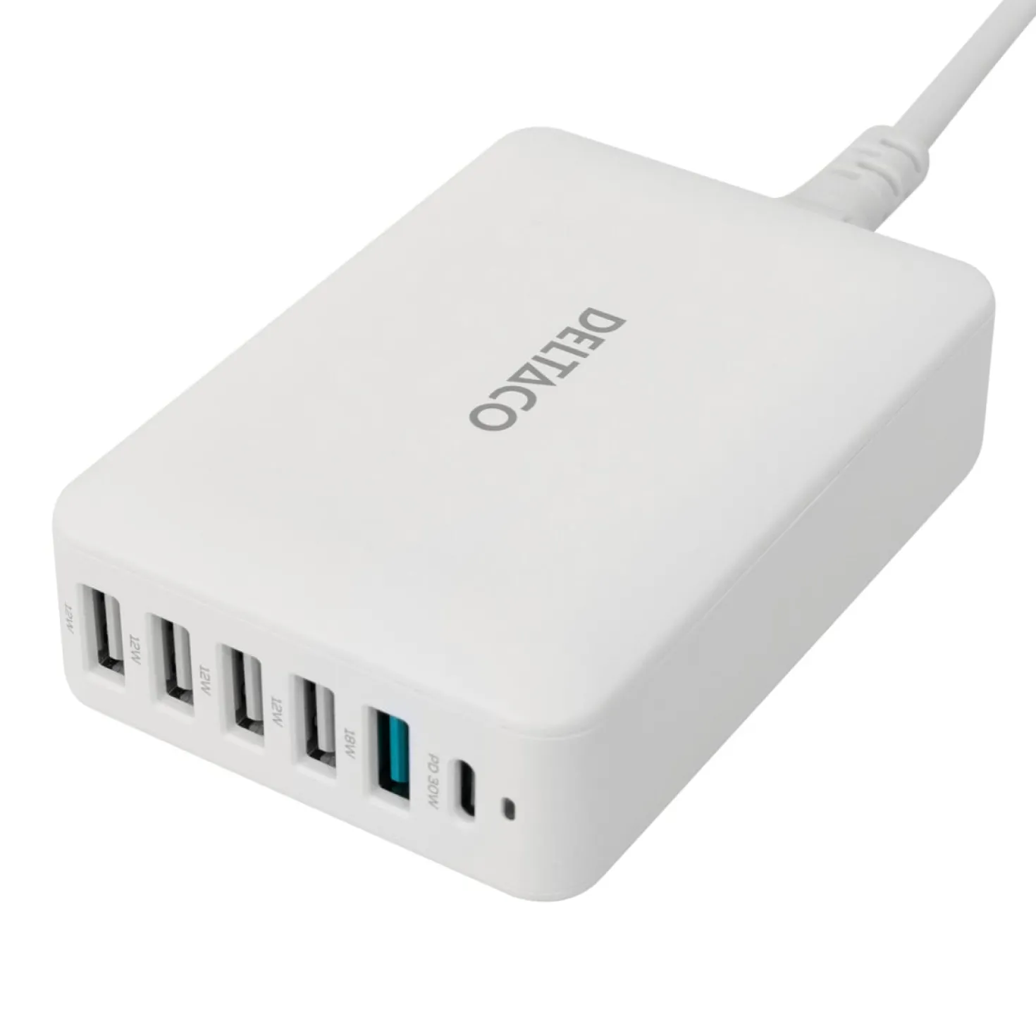 USB-laddare Deltaco Multi 6, 6 portar, USB-C PD 30W, USB-A 18W