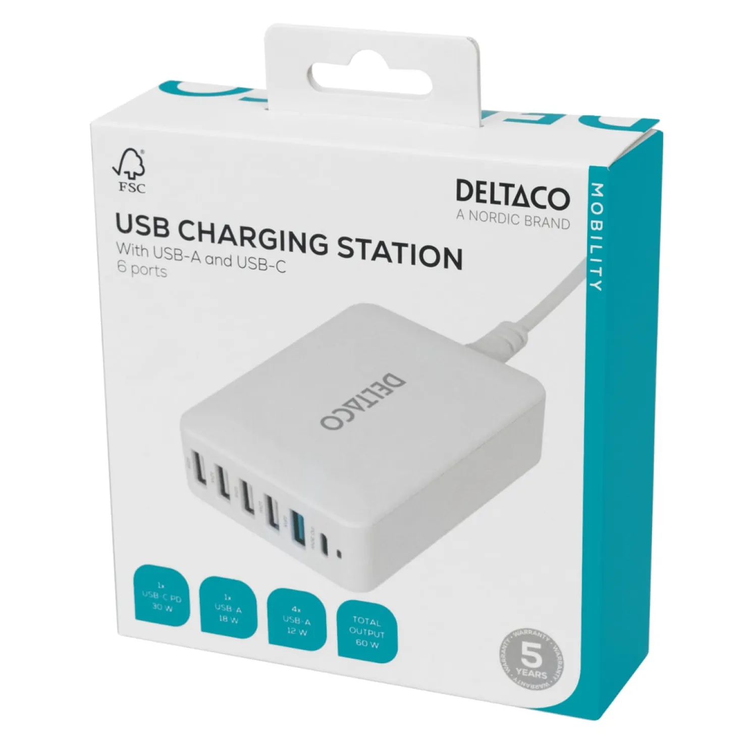 USB-laddare Deltaco Multi 6, 6 portar, USB-C PD 30W, USB-A 18W