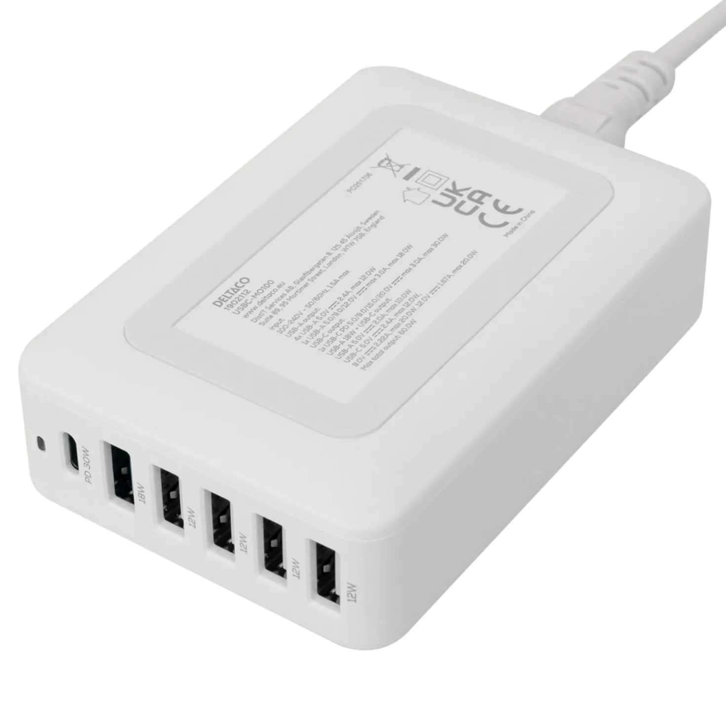 USB-laddare Deltaco Multi 6, 6 portar, USB-C PD 30W, USB-A 18W