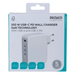 USB-väggladdare Deltaco GaN 130W, 3x USB-C, 1x USB-A, vit