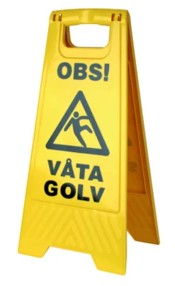 Varningsskylt Hygienteknik Våta golv, dubbelsidig, hopfällbar