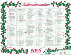 Väggkalender Burde Lilla Hallonalmanackan 2026, halvår per sida, 190x245mm