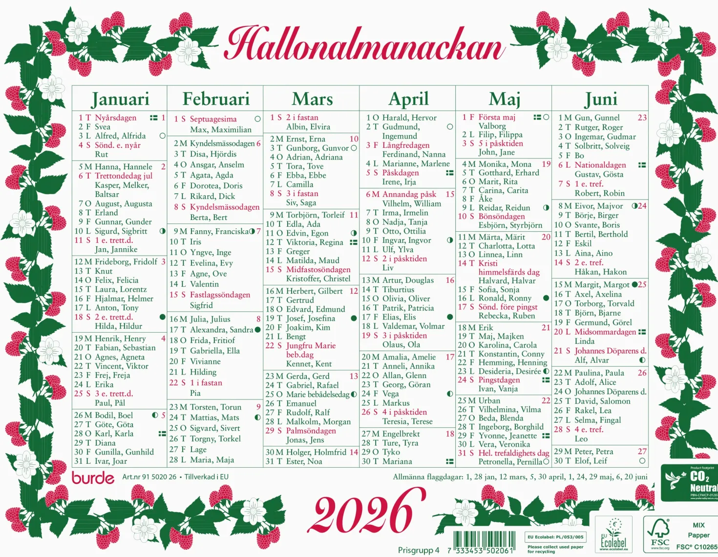 Väggkalender Burde Lilla Hallonalmanackan 2026, halvår per sida, 190x245mm