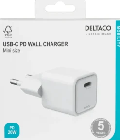 Väggladdare Deltaco USB-C Mini, Power Delivery 20W