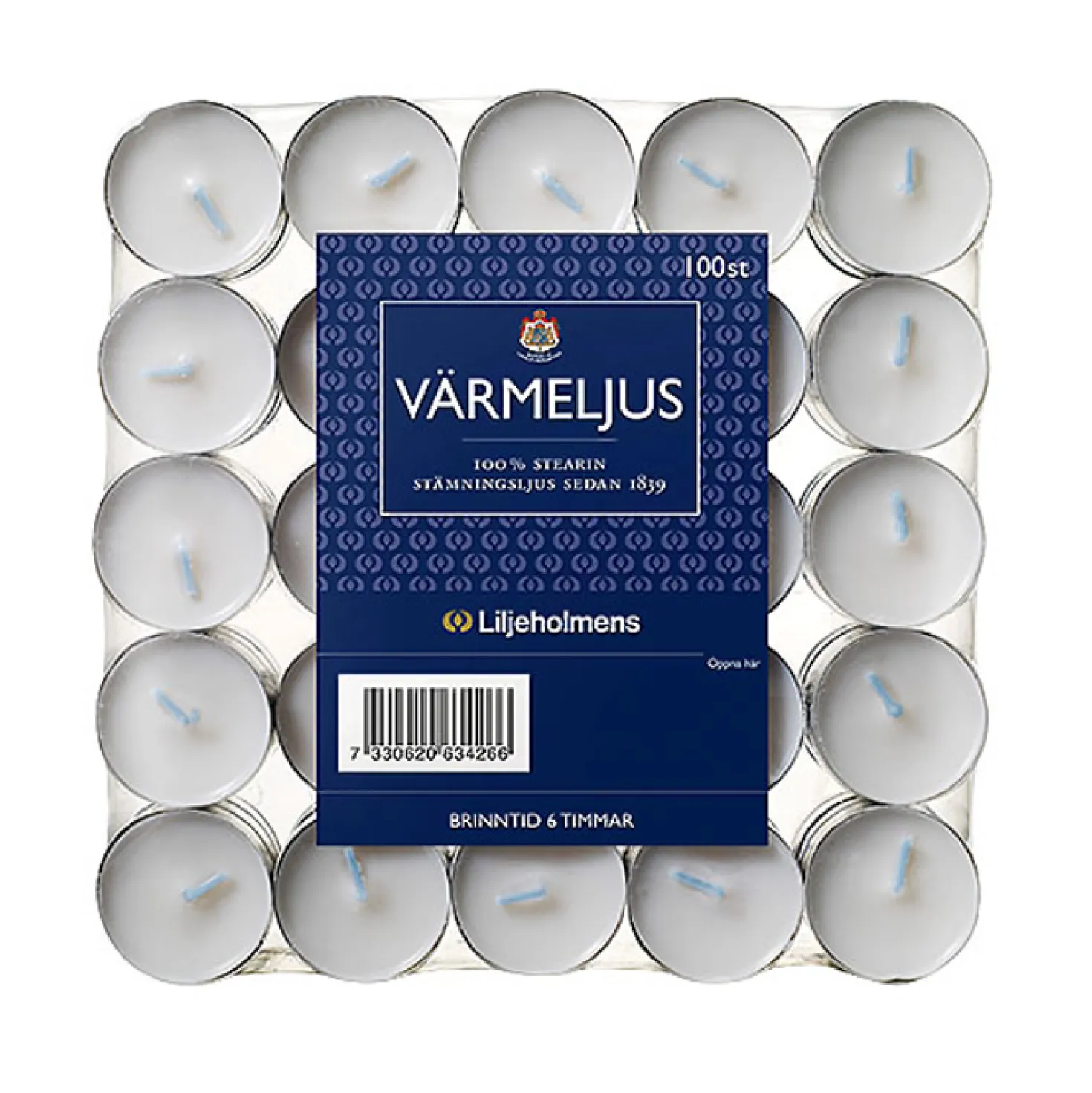 Värmeljus Liljeholmens Stearin, 6 tim brinntid, Ø 38x19 mm, 100 st