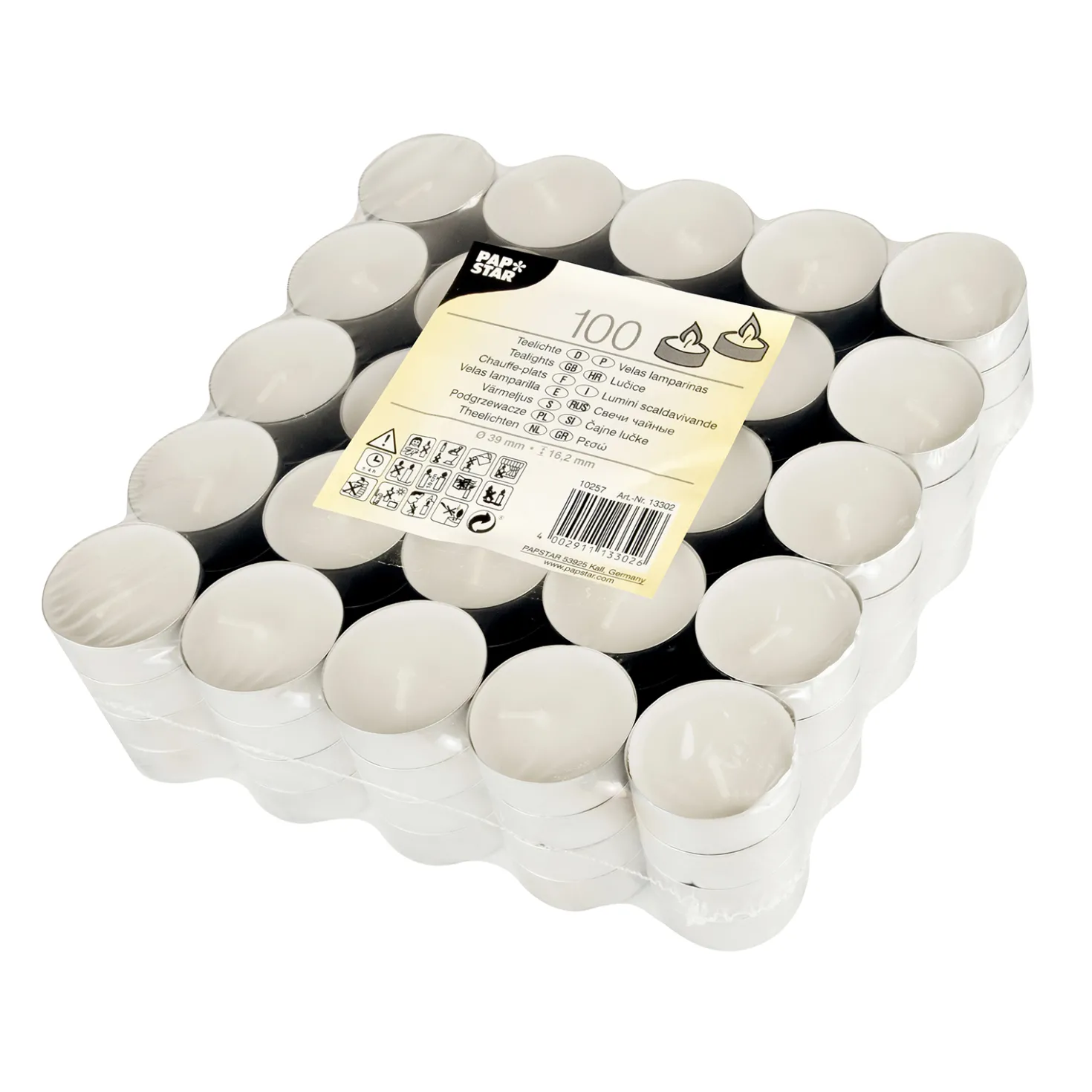 Värmeljus Papstar Paraffin, 4,5h brinntid, Ø 39x16 mm, 100 st