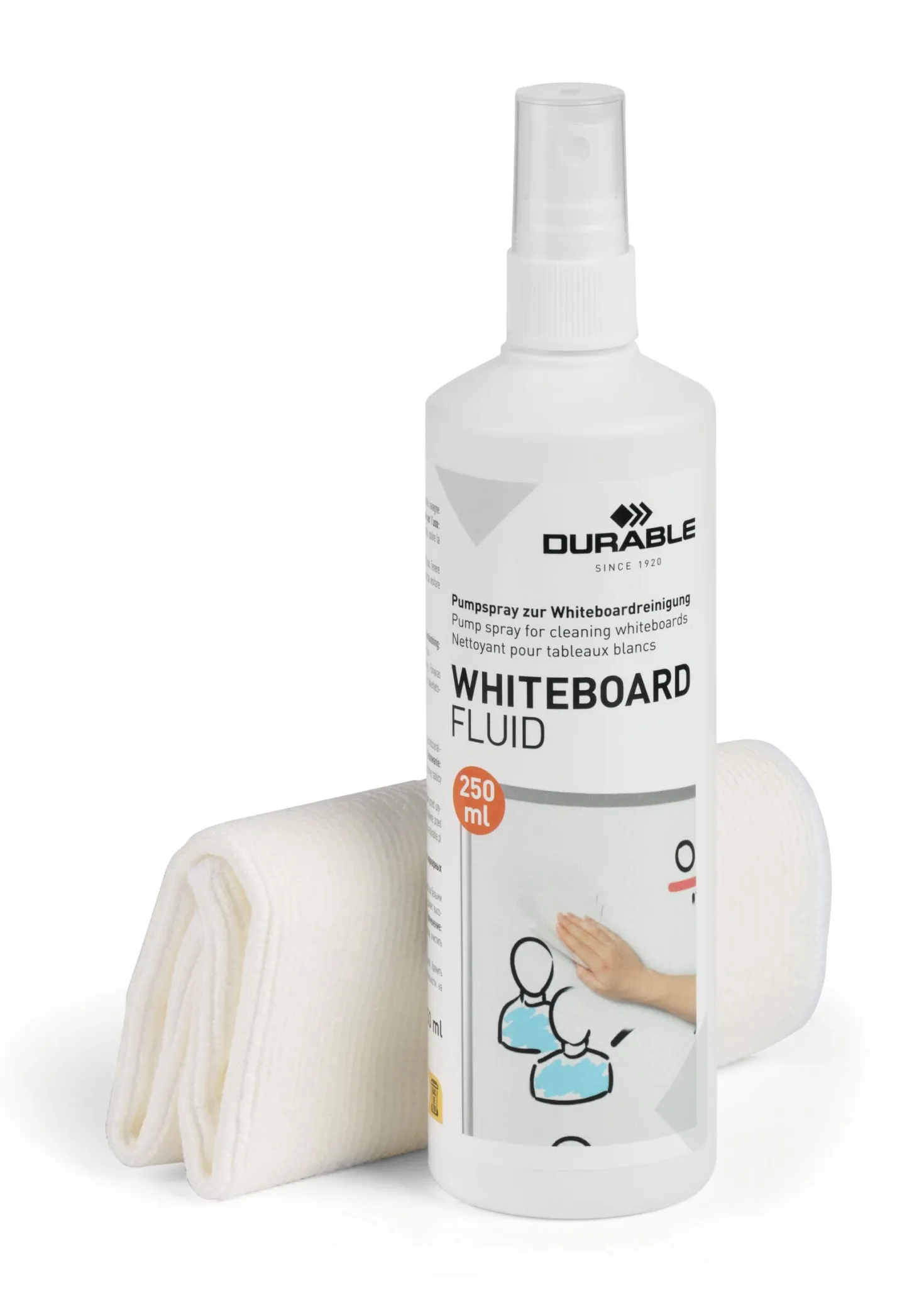 Whiteboardrengöring Durable Spray med Mikrofiberduk, alkoholfri, 250 ml