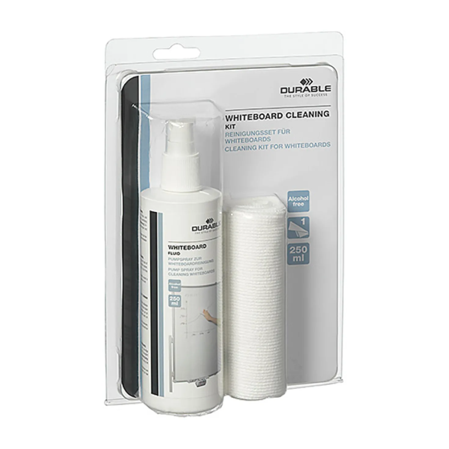 Whiteboardrengöring Durable Spray med Mikrofiberduk, alkoholfri, 250 ml