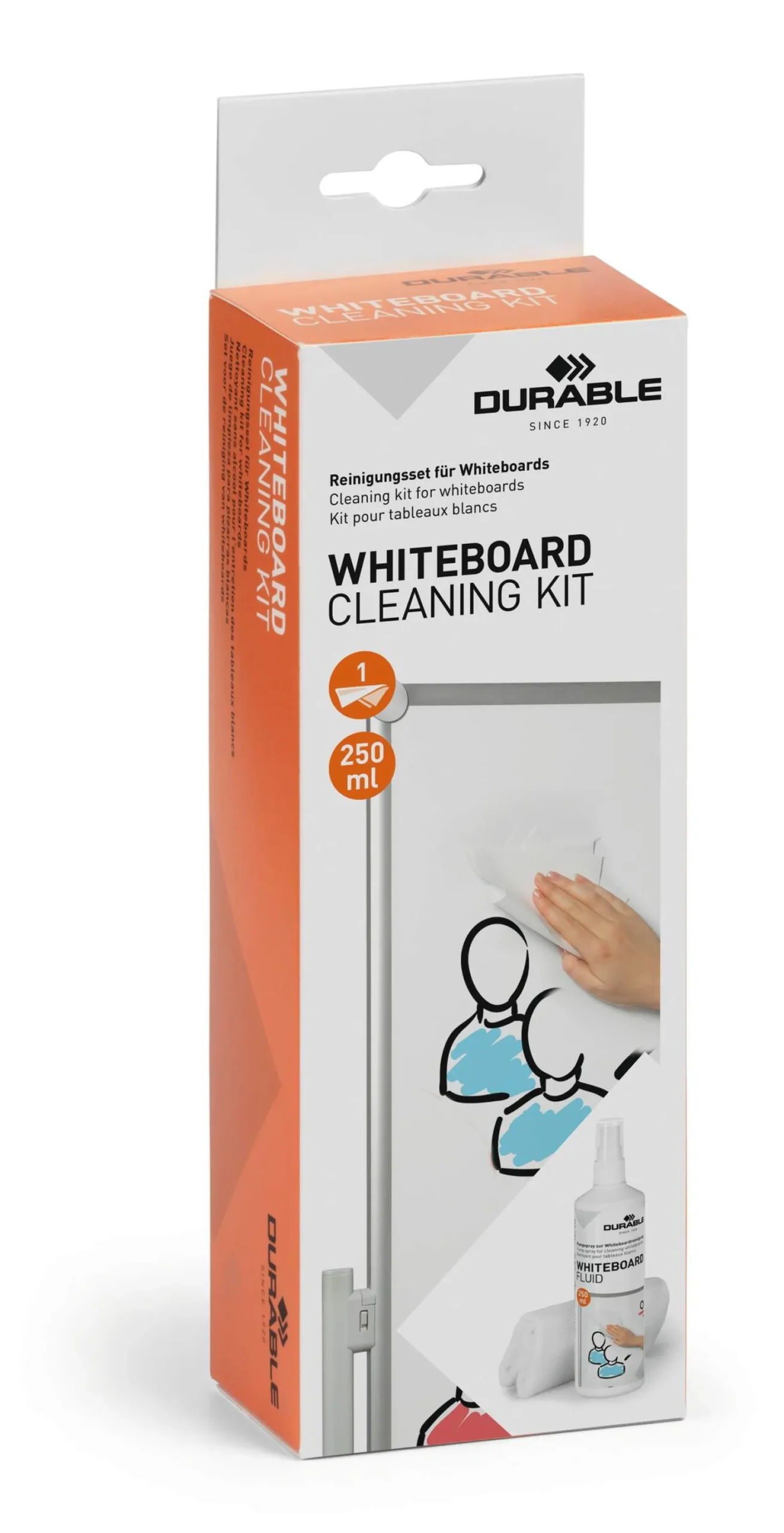 Whiteboardrengöring Durable Spray med Mikrofiberduk, alkoholfri, 250 ml